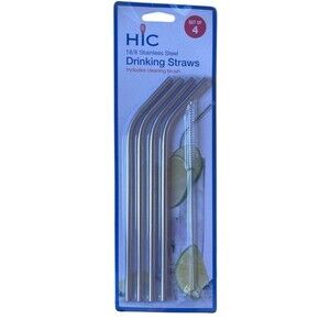 HIC Reusable Stainless Steel Drinking Straws Cleaning Brush Set of 4
